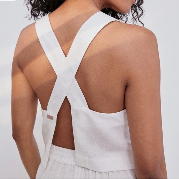 LUNYA Woven Linen Crossback Tank Medium Sincere White Cropped Top Pajama Lounge - Picture 2 of 10